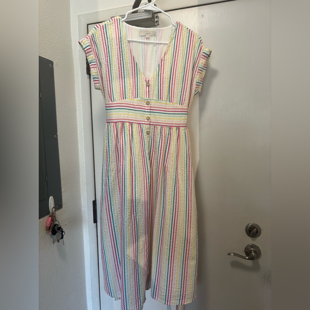 Rainbow stripped button down LOFT midi dress